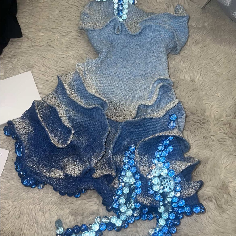Elegant Party Custom Made Mermaid Blue Sand Beaded Dress 3lato - Picture 3 of 10
